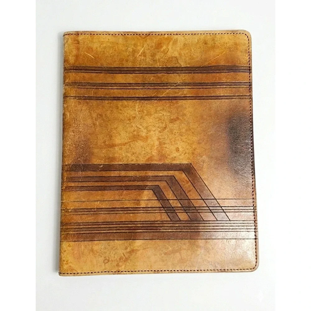 Vintage Tooled Leather Portfolio Brown Geometric Professional Document Organizer